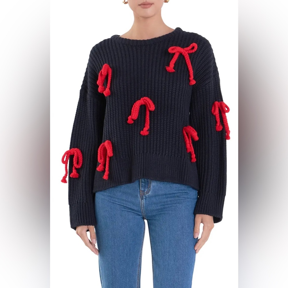 English Factory Navy Sweater with Red Bows